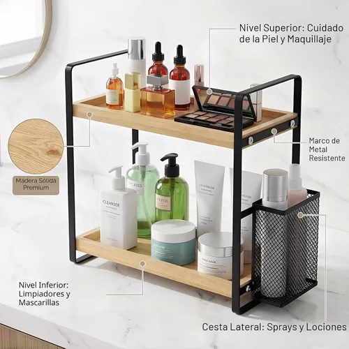 Miniatura 4 de LEMIKKLE Organizador de Baño para Encimera, Organizador de Mostrador para Decoración de Baño, Estante de Fregadero de Madera para Almacenamiento