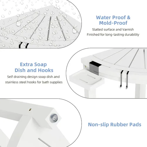 Miniatura 4 de Taburete de ducha esquinero de bambú de 2 niveles para afeitar piernas, banco impermeable con estante de almacenamiento y jabonera, reposapiés Blanco