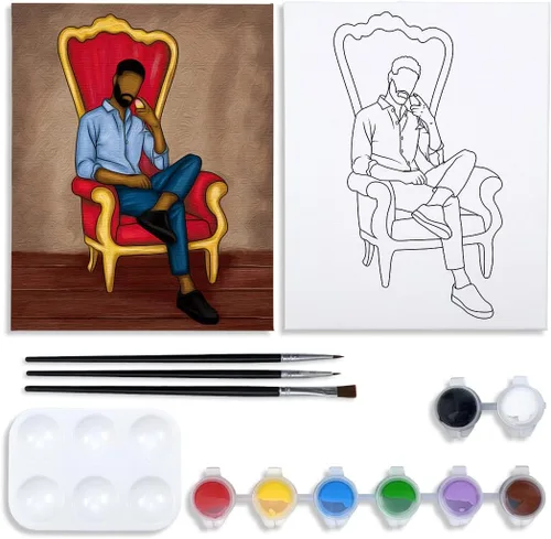 Miniatura 7 de Nuberlic Lienzo predibujado para pintar para adultos, kit de pintura y sorbos, lienzo preestirado con imágenes para pintar Afro King, suministros