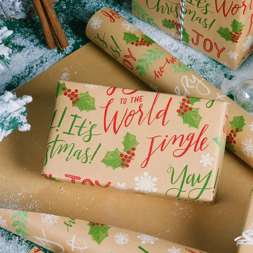 Miniatura 8 de Rollo de papel de regalo de Navidad, rollo de papel kraft vintage, 17 pulgadas x 49 pies, copos de nieve, hojas/bayas de acebo, papel de regalo