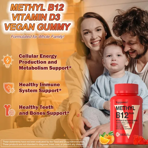 Miniatura 4 de Gomitas veganas de vitamina D3 y B12, suplemento de metilo B12 para adultos y niños, mejorado con vitamina D 3 para energía natural, inmune