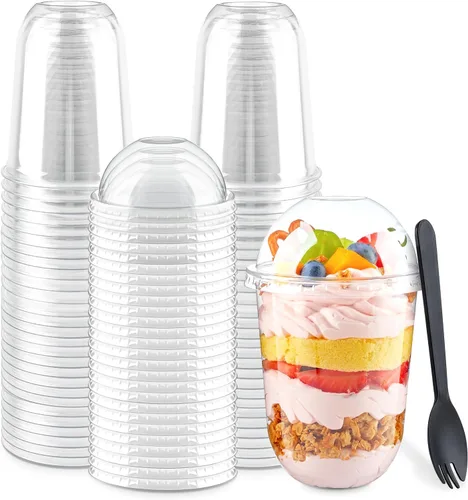Zezzxu Paquete de 50 Vasos de Postre de Plástico de 16 oz con Tapas de Cúpula (Sin Agujero) y Sporks, Vasos de Frutas Desechables Transparentes con