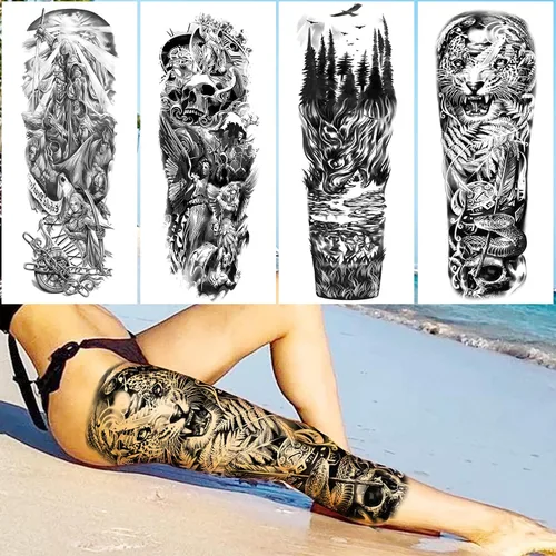 Miniatura 4 de VANTATY 20 hojas de tatuajes temporales extra grandes de brazo completo para hombres adultos, manga de tatuajes temporales de tigre, serpiente