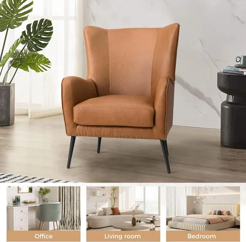 Miniatura 7 de HULALA HOME Silla decorativa de piel sintética con cojín extraíble, cómodo sillón tapizado con patas de metal negro y ribete de cabeza de clavo