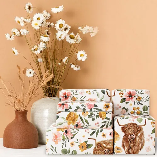 Miniatura 7 de AnyDesign Papel de regalo de vaca de las tierras altas de las tierras altas, no enrollable, papel de regalo de vaca con flores, plegado plano