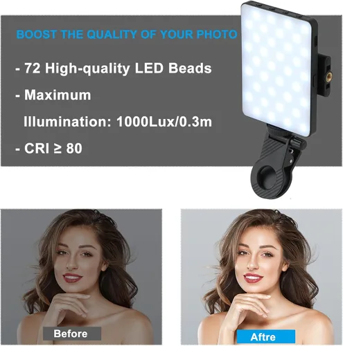 Miniatura 7 de Luz de teléfono para selfie con clips delanteros y traseros, luz de video LED, lámpara de iluminación para fotografía con 3 modos de luz