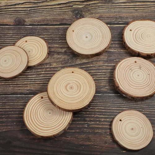 Miniatura 6 de Artmag Rebanadas de madera natural, 40 piezas de 2 a 2.4 pulgadas, sin terminar, manualidades preperforadas con agujero, círculos redondos de madera