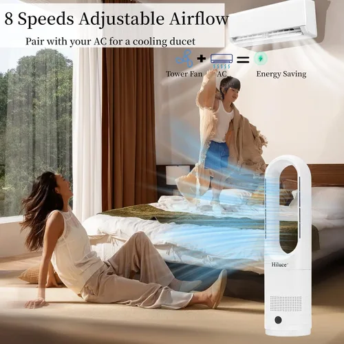 Miniatura 3 de Hiluce Ventilador sin aspas para todas las estaciones, combo de calentador de espacio de 1400W y ventilador de torre de 40W con control remoto