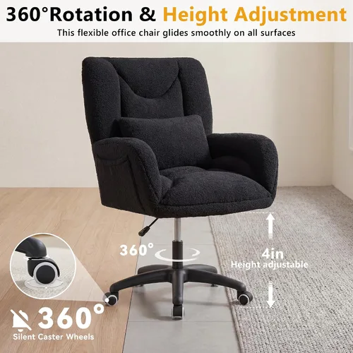 Miniatura 4 de FOXHUNTER Silla de tocador con respaldo ergonómico y ruedas, silla giratoria de 360°, silla de oficina en casa de altura ajustable para sala de Negro