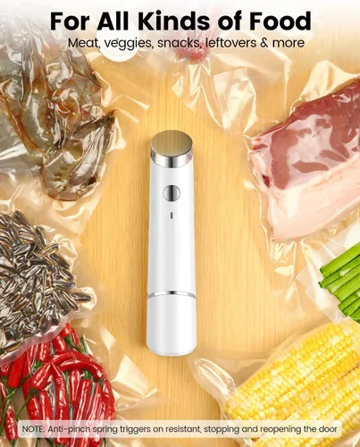 Miniatura 7 de Sellador al vacío portátil para alimentos, 10 bolsas selladoras reutilizables con una potente máquina selladora al vacío de mano de 60 kPa, sellador