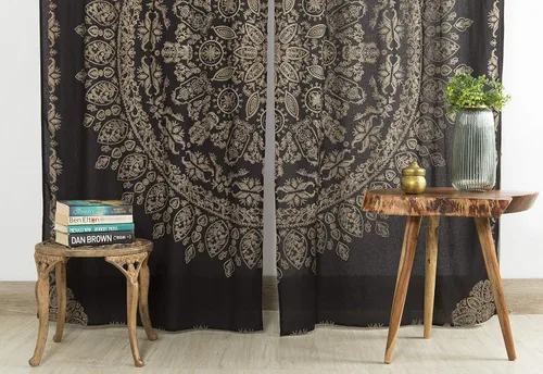 Popular Handicrafts Cortina de ventana de mandala hippie indio, bohemio, color negro, dorado, para dormitorio, sala de estar, balcón, cenefa