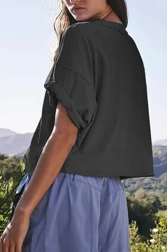 Miniatura 4 de Camisetas cortas extragrandes de entrenamiento de para mujer, estilo informal, de manga corta, hombros caídos, con dobladillo enrollado, básicas