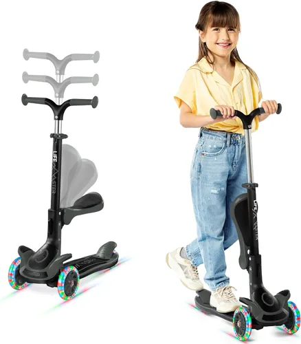 Miniatura 21 de Scooter de 3 ruedas para niños con asiento plegable, altura ajustable del manubrio, juguete de paseo inclinado para conducir para niños a partir