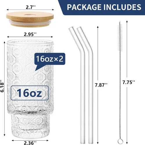 Miniatura 2 de Juego de 2 vasos de vidrio de 16 onzas, vasos de vidrio floral en relieve vintage, tazas de café helado con tapa, para whisky, cóctel, cerveza