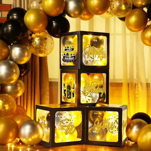 Funrous 51 piezas de decoraciones de fiesta de cumpleaños doradas y negras para hombres y mujeres, cajas de globos de cumpleaños negras y doradas
