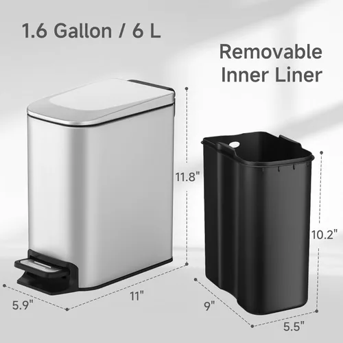 Miniatura 4 de TIPGO Cubo de basura delgado para baño con tapa de cierre suave, pedal de paso, cubo de basura de acero inoxidable de 6 litros/1.6 galones, cubos