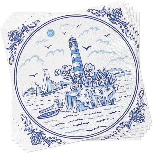 Miniatura 3 de Servilletas náuticas AZUL LIGHTHOUSE TILE 40pcs Servilletas de cóctel azul y blanco, papel de decoupage costero