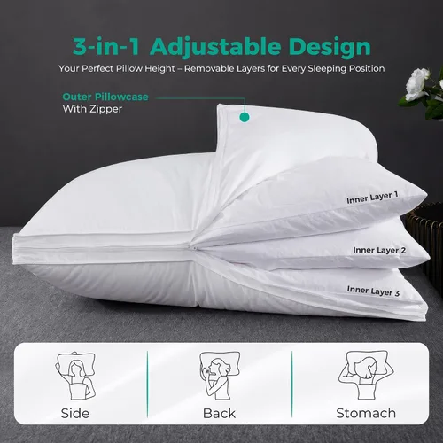 Miniatura 2 de Three Geese Almohada de plumas de ganso de capa ajustable, almohada de cama ensamblable, funda 100% algodón orgánico suave, buena para dormir boca