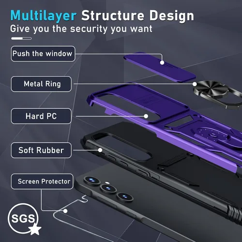Miniatura 4 de Janmitta Funda compatible con Samsung Galaxy A35 5G, funda integrada para lente de cámara deslizante + protector de pantalla + soporte de anillo