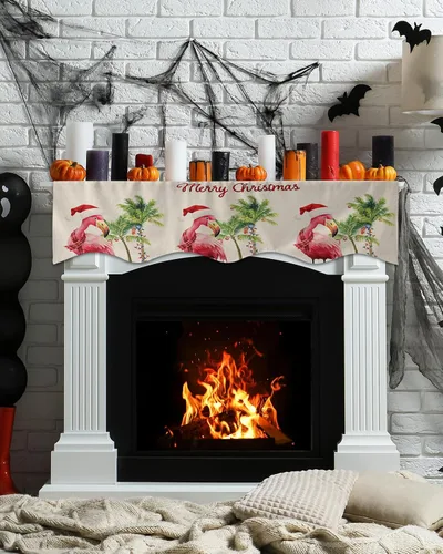 Miniatura 3 de Bufanda de manto de Feliz Navidad, 60 x 17 pulgadas, flamenco tropical, palmera, chimenea, mantel de chimenea, cubierta de mantel para Navidad