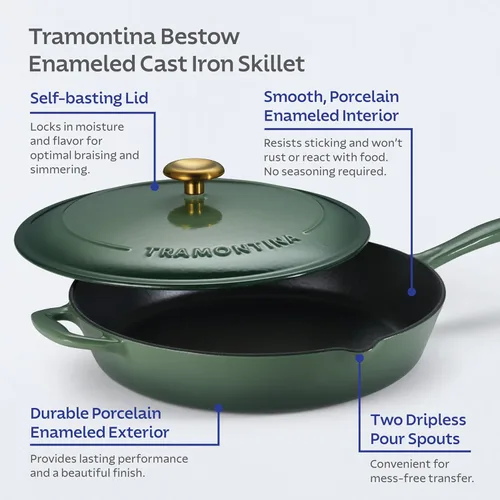 Miniatura 5 de Tramontina Mejor Sartén de Hierro Fundido Esmaltado con Tapa, Sartén para Freír de 12 Pulgadas, Cactus con Pomos Dorados