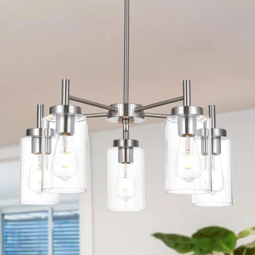 Miniatura 12 de Lámpara de araña grande retro con pantalla de vidrio transparente de metal para isla de cocina para interiores, iluminación colgante en acabado
