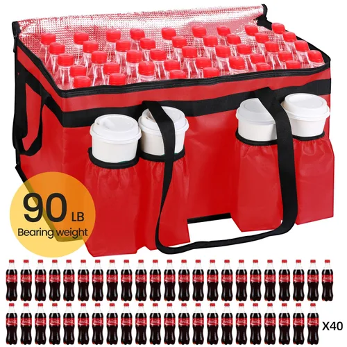Miniatura 4 de musbus Bolsa aislada para entrega de alimentos con portavasos/portadores de bebidas Premium XXL, ideal para bebidas, comestibles, pizza, calidad Rojo