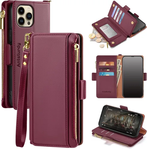 Antsturdy Funda tipo cartera compatible con iPhone 11 Pro Max, funda de piel sintética con bloqueo RFID, funda para teléfono para mujeres y hombres,