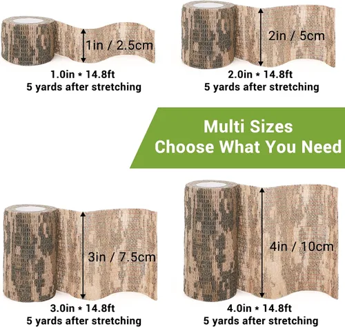 Miniatura 3 de Cinta adhesiva de camuflaje de 6 rollos, 1/2/3/4 pulgadas x 14.8 pies, vendaje autoadhesivo de camuflaje para acampar al aire libre, tira elástica