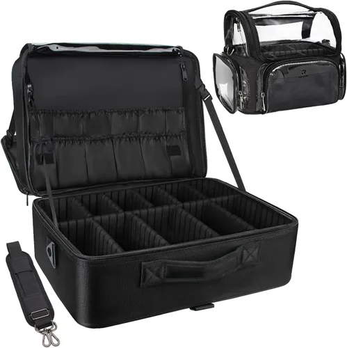 Miniatura 9 de Organizador profesional de cosméticos Travelmall, estuche de formación, de 3 capas, multifunción, en negro, caja artística para cosméticos, cepillos