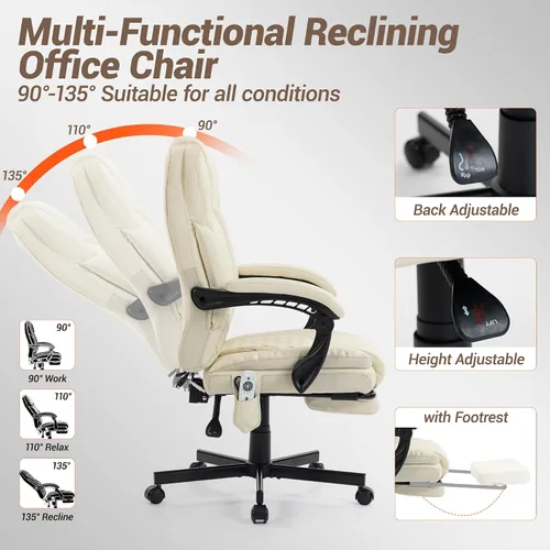 Miniatura 5 de Silla de oficina de masaje con reposapiés, 6 puntos de vibración y Heaing, silla ejecutiva ergonómica de escritorio para oficina en casa