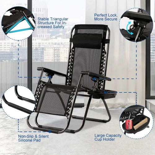 Miniatura 3 de Dkeli Zero Gravity - Juego de 2 sillas plegables y ajustables para patio con portavasos para exteriores, reclinables, para campamento, junto a