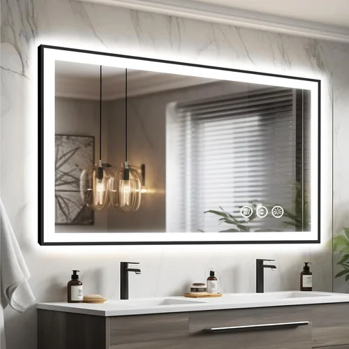Miniatura 23 de Espejo de baño LED de 20 x 28 pulgadas para pared, marco negro (metal, aluminio), luz frontal y retroiluminada, 3 colores y espejo de tocador