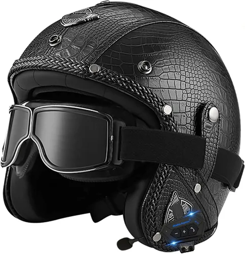 Miniatura 15 de Casco retro de motocicleta con Bluetooth, casco de cuero Jet con gafas personalizadas, medio casco de motocicleta 3/4 aprobado por DOT, casco