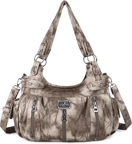 Miniatura 16 de Angelkiss Bolsos grandes y carteras para mujer de cuero sintético lavado tipo hobo, bandolera, bolso cruzado, bolso de hombro, bolso de mano