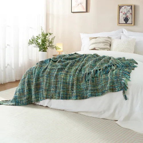 Miniatura 5 de Manta Throw de Punto de Cable Verde Multicolor para Sofá, 50"X60" Manta Texturizada Estilo Bohemio para Decoración del Hogar, Manta de Punto Grueso