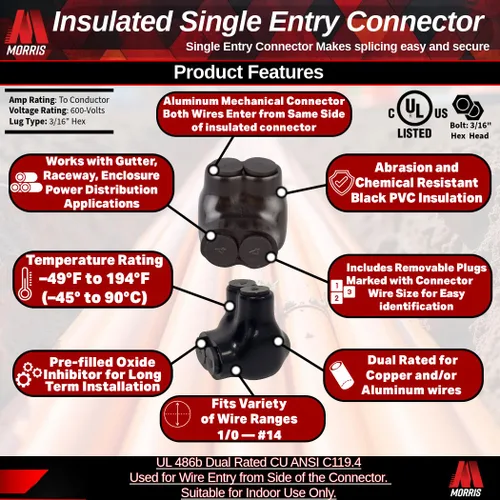 Miniatura 3 de Morris Productos 97105 Negro aislado 2 conductores empalme de entrada de un solo lado 1/0 - 14 alambres, 1 paquete