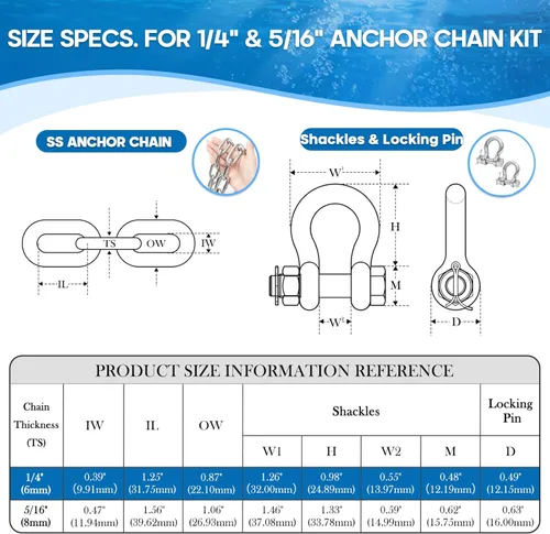 Miniatura 2 de 1/4" or 5/16 Chain for Boats, 316 Stainless Steel Boat Anchor Chain Kit, Marine Grade Anchor Lead Chain w/ 2 Pcs Anti-Off Double Shackle Link Ends