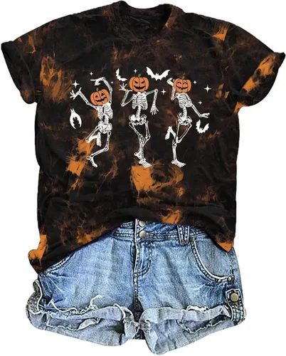 Miniatura 23 de Woffccrd - Camisetas divertidas con estampado de calabaza y leopardo para mujer, camisetas gráficas de manga corta de Halloween para mujer
