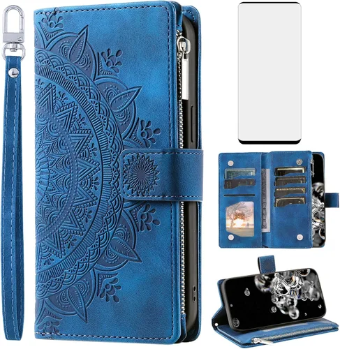 Asuwish Funda de teléfono para Samsung Galaxy S20 Ultra 5G Funda tipo cartera con protector de pantalla de vidrio templado y Mandala Flower Flip Azul