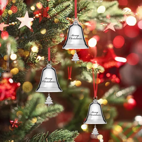 Miniatura 5 de Styleonme Campanas decorativas, adornos de Navidad 2025, grabadas "It's Merry Christmas", decoración de campanas plateadas con colgantes de árbol
