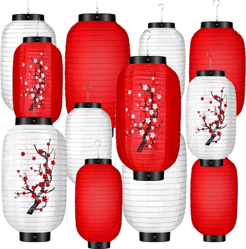 Riakrum 12 faroles colgantes tradicionales japoneses de flores de ciruelo, faroles de papel blanco y rojo, faroles japoneses para decoración de