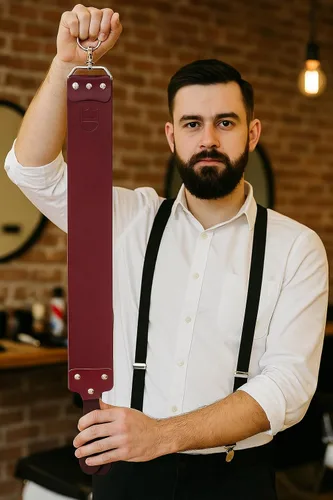 Miniatura 2 de Parker's - Rasuradora recta de cuero Latigo hecha a mano para afilar navajas y cuchillos rectos, fabricado en Estados Unidos, 3 x 27 pulgadas (rojo)
