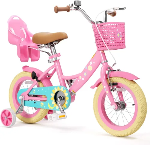 Miniatura 13 de XJD Bicicleta para niñas de 2 a 12 años, bicicleta para niños de 12, 14 y 16 pulgadas, con ruedas de entrenamiento, serpentinas, cesta y asiento