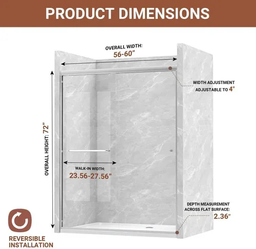 Miniatura 8 de Puerta de regadera doble corrediza 56"-60" (ancho) x 72" (alto), puerta de vidrio para baño de 1/4" (6mm) de vidrio templado transparente