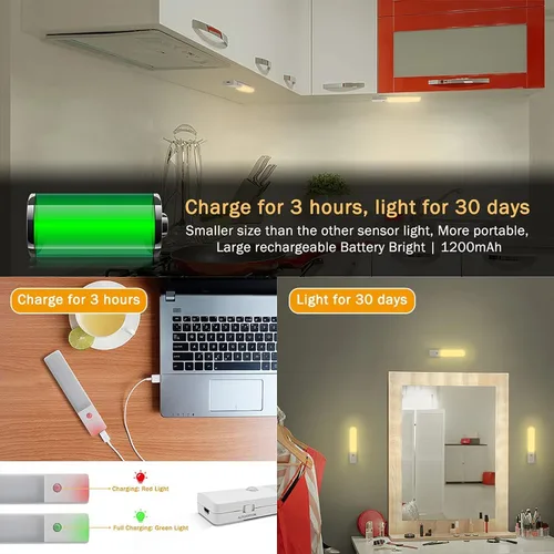 Miniatura 5 de Luces LED recargables para debajo del gabinete, con sensor de movimiento magnético para interiores, sensor de movimiento, luces inalámbricas