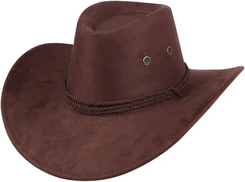 Mens Faux Felt Western Cowboy Hat Fedora Outdoor Wide Brim Cowgirl Hat with Strap