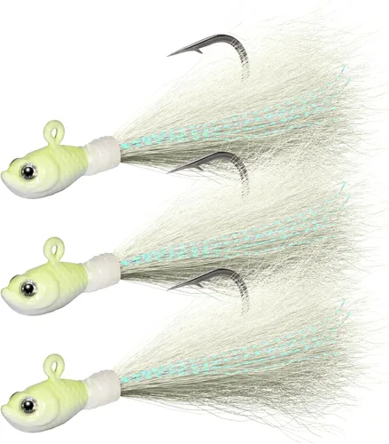 Miniatura 19 de Dr.Fish Paquete de 3 señuelos de cola de cubo para el cabello, señuelos de agua salada y dulce para pesca de surf, pesca, blanco, rojo, Chartreuse