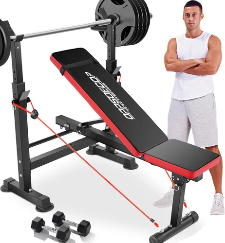 OPPSDECOR Banco de pesas ajustable con soporte para barra de peso, soporte de pie removible, banco de pesas todo en uno de 600 libras, banco de