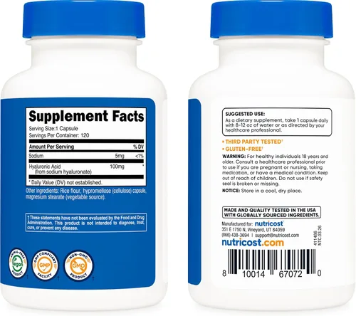 Miniatura 4 de Nutricost Cápsulas de ácido hialurónico de 100 mg, 120 cápsulas vegetarianas, sin gluten, sin OGM